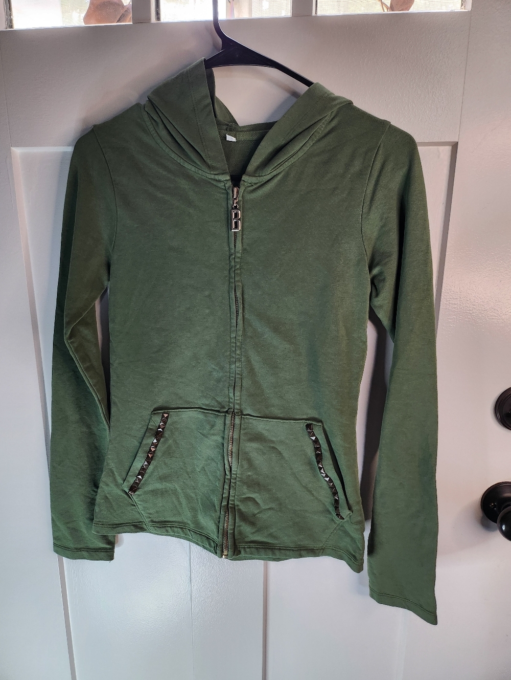 Girls' Olive Green Zip-Up Hoodie with Stud-Trim Pockets